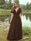 A-Line/Princess Chiffon Ruffles V-neck Short Sleeves Floor-Length Bridesmaid Dresses Evening Prom Dress