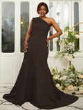 Sheath/Column Satin Lace One-Shoulder Sleeveless Sweep/Brush Train Bridesmaid Dresses Evening Dress