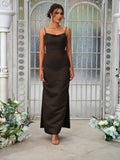 Sheath/Column Satin Ruched Spaghetti Straps Sleeveless Ankle-Length Bridesmaid Dresses Evening Dress