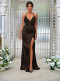Sheath/Column Silk like Satin Ruched V-neck Sleeveless Sweep/Brush Train Bridesmaid Dresses Evening Dress
