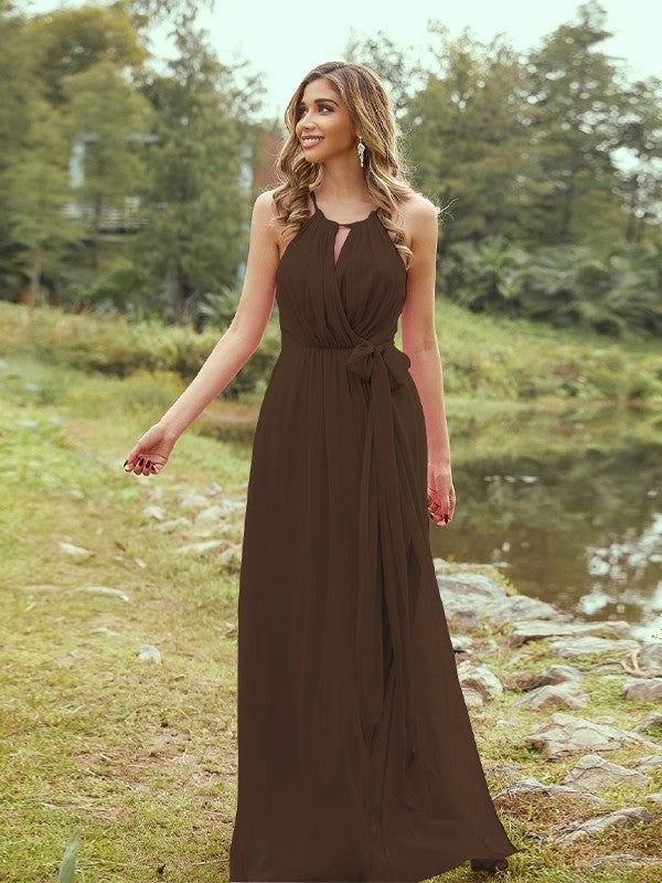 A-Line/Princess Chiffon Ruffles Halter Sleeveless Sweep/Brush Train Bridesmaid Dresses	Evening Prom Dress