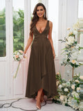 A-Line/Princess Silk like Satin Ruffles V-neck Sleeveless Ankle-Length Bridesmaid Dresses Prom Dress