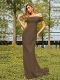 Sheath/Column Jersey Ruched Off-the-Shoulder Sleeveless Sweep/Brush Train Bridesmaid Dresses Evening Dress