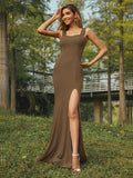 Sheath/Column Jersey Ruffles Straps Sleeveless Sweep/Brush Train Bridesmaid Dresses Evening Dress