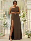 Sheath/Column Jersey Ruffles One-Shoulder Sleeveless Sweep/Brush Train Bridesmaid Dresses Evening Dress