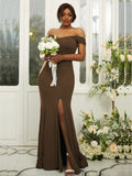 Sheath/Column Jersey Ruffles Off-the-Shoulder Sleeveless Sweep/Brush Train Bridesmaid Dresses Evening Dress