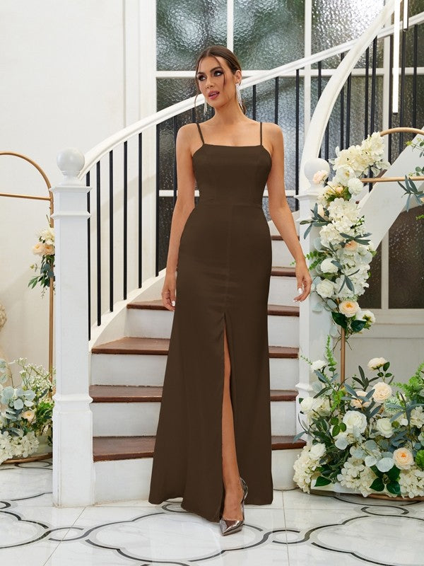 A-Line/Princess Silk like Satin Ruffles Spaghetti Straps Sleeveless Floor-Length Bridesmaid Dresses Evening Dress