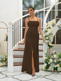 A-Line/Princess Silk like Satin Ruffles Spaghetti Straps Sleeveless Floor-Length Bridesmaid Dresses Evening Dress