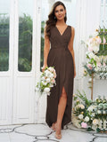 A-Line/Princess Charmeuse Ruched V-neck Sleeveless Sweep/Brush Train Bridesmaid Dresses Evening Dress