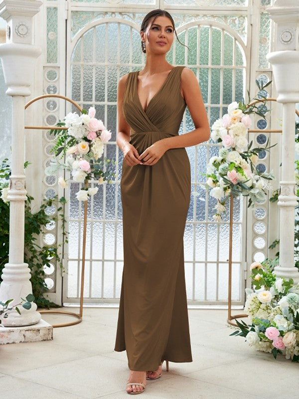 Sheath/Column Jersey Ruched V-neck Sleeveless Floor-Length Bridesmaid Dresses Evening Dress