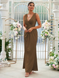 Sheath/Column Jersey Ruched V-neck Sleeveless Floor-Length Bridesmaid Dresses Evening Dress