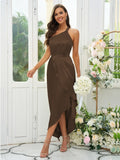 A-Line/Princess Silk like Satin Ruched One-Shoulder Sleeveless Tea-Length Bridesmaid Dresses Evening Prom Dress