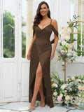 A-Line/Princess Silk like Satin Ruched V-neck Sleeveless Floor-Length Bridesmaid Dresses Evening Dress
