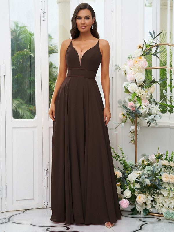 A-Line/Princess Chiffon Ruffles V-neck Sleeveless Floor-Length Bridesmaid Dresses Evening Prom Dress