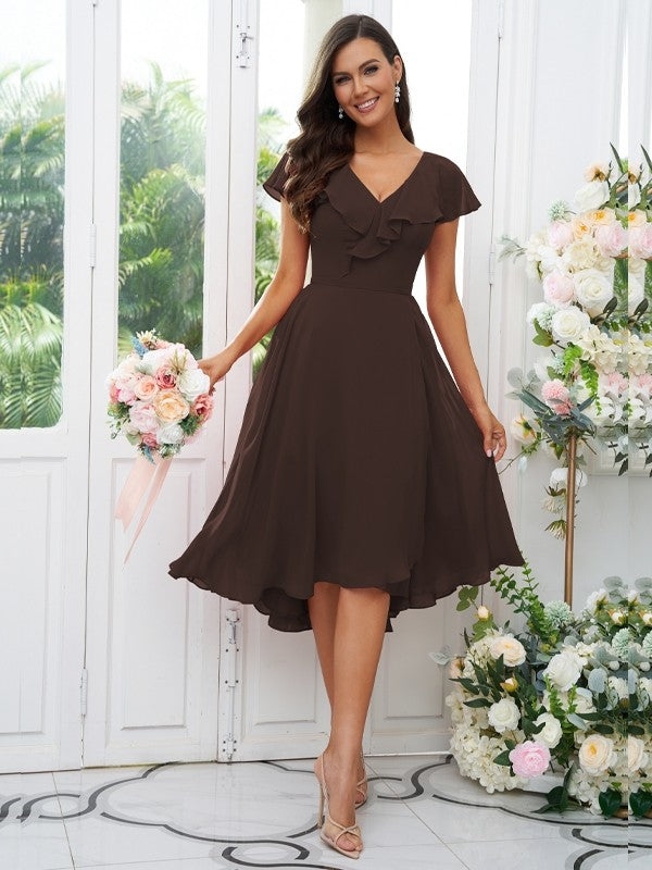 Vestido de dama de honor asimétrico de corte A/princesa, de gasa, con volantes, escote en V y mangas cortas, ideal para invitadas de boda y graduación.