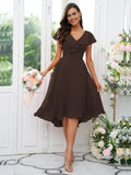 Vestido de dama de honor asimétrico de corte A/princesa, de gasa, con volantes, escote en V y mangas cortas, ideal para invitadas de boda y graduación.