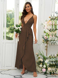 A-Line/Princess Silk like Satin Ruffles V-neck Sleeveless Floor-Length Bridesmaid Dresses Prom Dress
