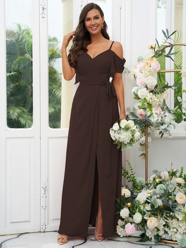 A-Line/Princess Chiffon Ruched V-neck Short Sleeves Floor-Length Bridesmaid Dresses Evening Dress