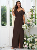 A-Line/Princess Chiffon Ruched V-neck Short Sleeves Floor-Length Bridesmaid Dresses Evening Dress