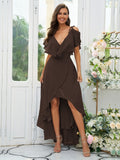 A-Line/Princess Chiffon Ruffles V-neck Short Sleeves Asymmetrical Bridesmaid Dresses Prom Dress