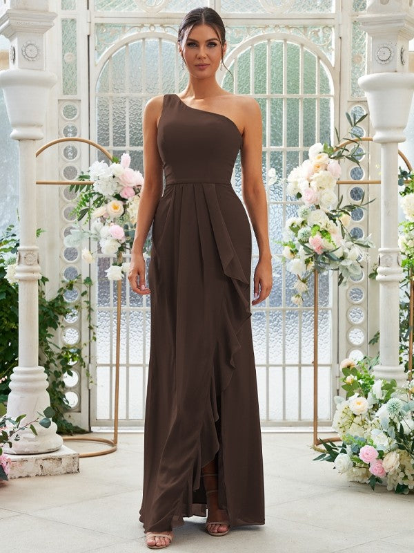 Sheath/Column Chiffon Ruffles One-Shoulder Sleeveless Floor-Length Bridesmaid Dresses Evening Prom Dress