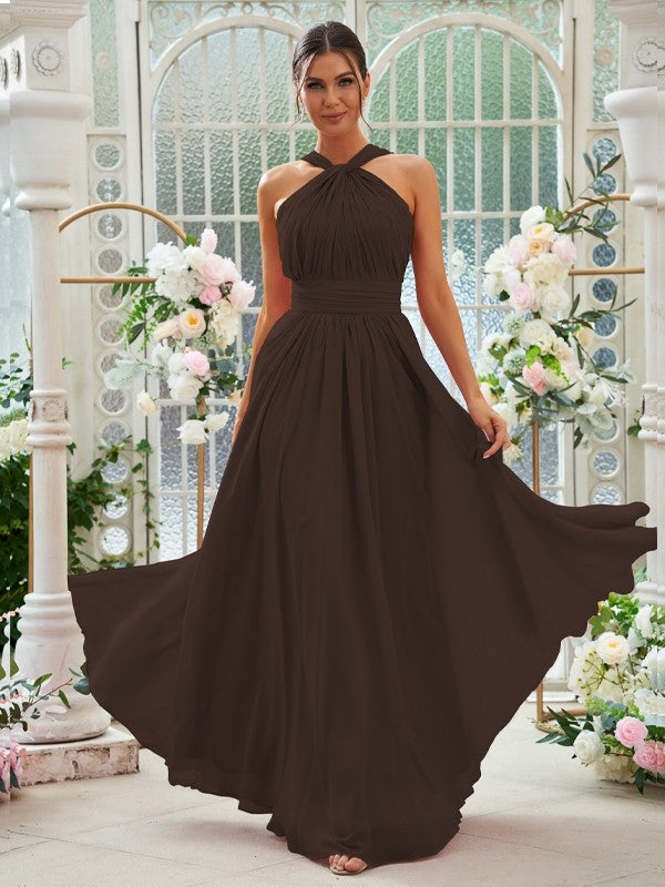 A-Linie/Princess-Linie Chiffon Rüschen Neckholder Ärmellos Bodenlang Brautjungfernkleider Abendkleid