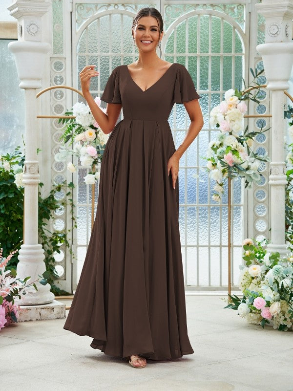 A-Line/Princess Chiffon Ruffles V-neck Short Sleeves Floor-Length Bridesmaid Dresses Evening Prom Dress