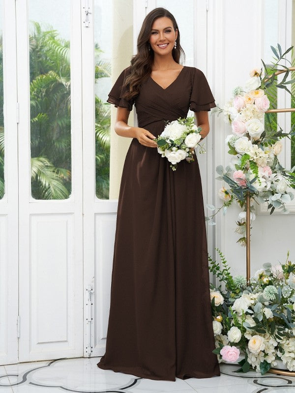 A-Line/Princess Chiffon Ruffles V-neck Short Sleeves Floor-Length Bridesmaid Dresses Evening Dress