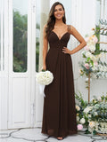 A-Line/Princess Chiffon Ruched V-neck Sleeveless Floor-Length Bridesmaid Dresses Evening Prom Dress