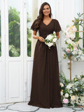 A-Line/Princess Chiffon Ruffles V-neck Short Sleeves Floor-Length Bridesmaid Dresses Evening Dress