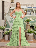 Chiffon Fuchsia Sweetheart Tiered Ruffles Prom Dress with Slit