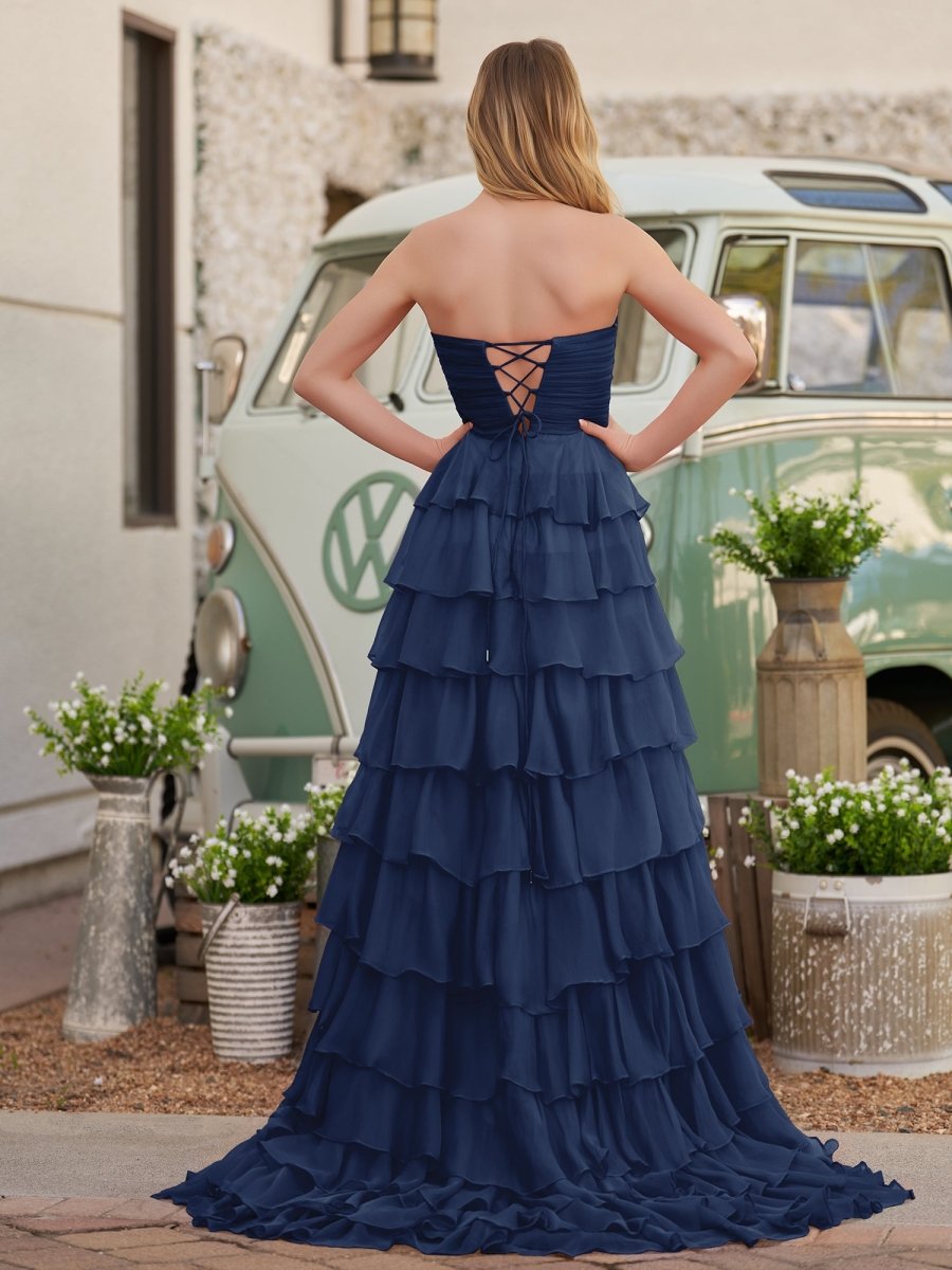 Chiffon Fuchsia Sweetheart Tiered Ruffles Prom Dress with Slit
