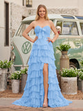 Chiffon Fuchsia Sweetheart Tiered Ruffles Prom Dress with Slit
