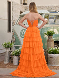 Chiffon Fuchsia Sweetheart Tiered Ruffles Prom Dress with Slit