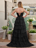 Chiffon Fuchsia Sweetheart Tiered Ruffles Prom Dress with Slit