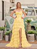 Chiffon Fuchsia Sweetheart Tiered Ruffles Prom Dress with Slit