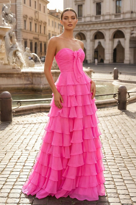Chiffon Fuchsia Sweetheart Tiered Ruffles Prom Dress with Slit