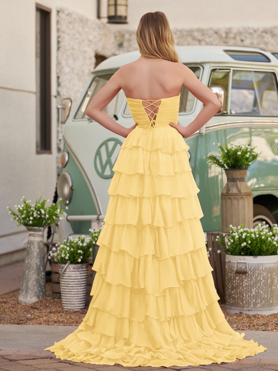 Chiffon Fuchsia Sweetheart Tiered Ruffles Prom Dress with Slit