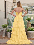 Chiffon Fuchsia Sweetheart Tiered Ruffles Prom Dress with Slit