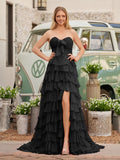 Chiffon Fuchsia Sweetheart Tiered Ruffles Prom Dress with Slit
