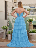 Chiffon Fuchsia Sweetheart Tiered Ruffles Prom Dress with Slit