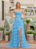 Chiffon Fuchsia Sweetheart Tiered Ruffles Prom Dress with Slit