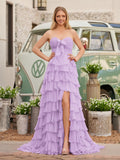 Chiffon Fuchsia Sweetheart Tiered Ruffles Prom Dress with Slit