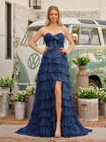 Chiffon Fuchsia Sweetheart Tiered Ruffles Prom Dress with Slit