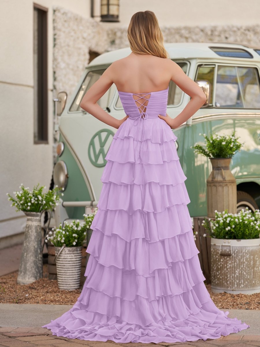 Chiffon Fuchsia Sweetheart Tiered Ruffles Prom Dress with Slit