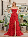 Chiffon Fuchsia Sweetheart Tiered Ruffles Prom Dress with Slit