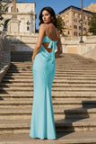 Yellow Spaghetti Straps Sheath Satin Open Back Long Prom Dresses