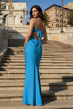 Yellow Spaghetti Straps Sheath Satin Open Back Long Prom Dresses