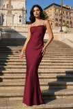 Yellow Spaghetti Straps Sheath Satin Open Back Long Prom Dresses