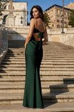 Yellow Spaghetti Straps Sheath Satin Open Back Long Prom Dresses